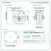 5 x 2 in steel swivel caster reference drawing, side, front and top plate views with dimensions