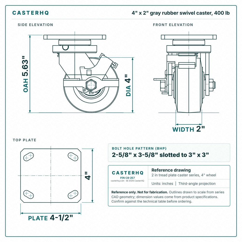 4 x 2 in gray rubber swivel caster reference drawing, side, front and top plate views with dimensions