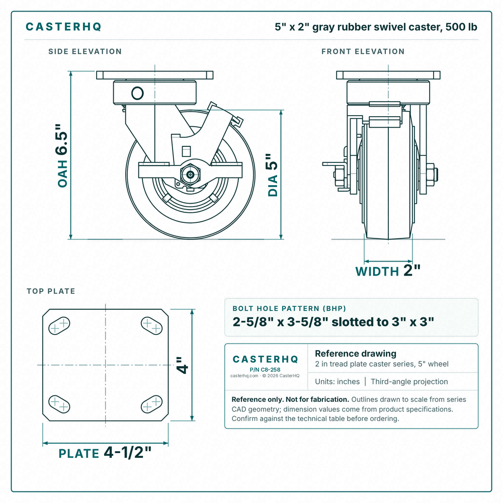 5 x 2 in gray rubber swivel caster reference drawing, side, front and top plate views with dimensions