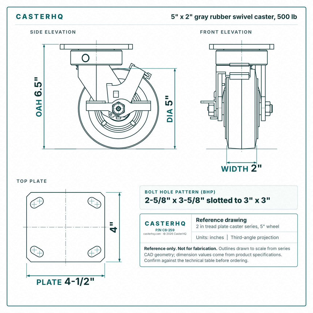 5 x 2 in gray rubber swivel caster reference drawing, side, front and top plate views with dimensions