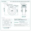 6 x 2 in white nylon swivel caster with total lock brake reference drawing, side, front and top plate views with dimensions
