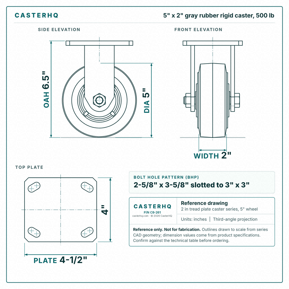 5 x 2 in gray rubber rigid caster reference drawing, side, front and top plate views with dimensions
