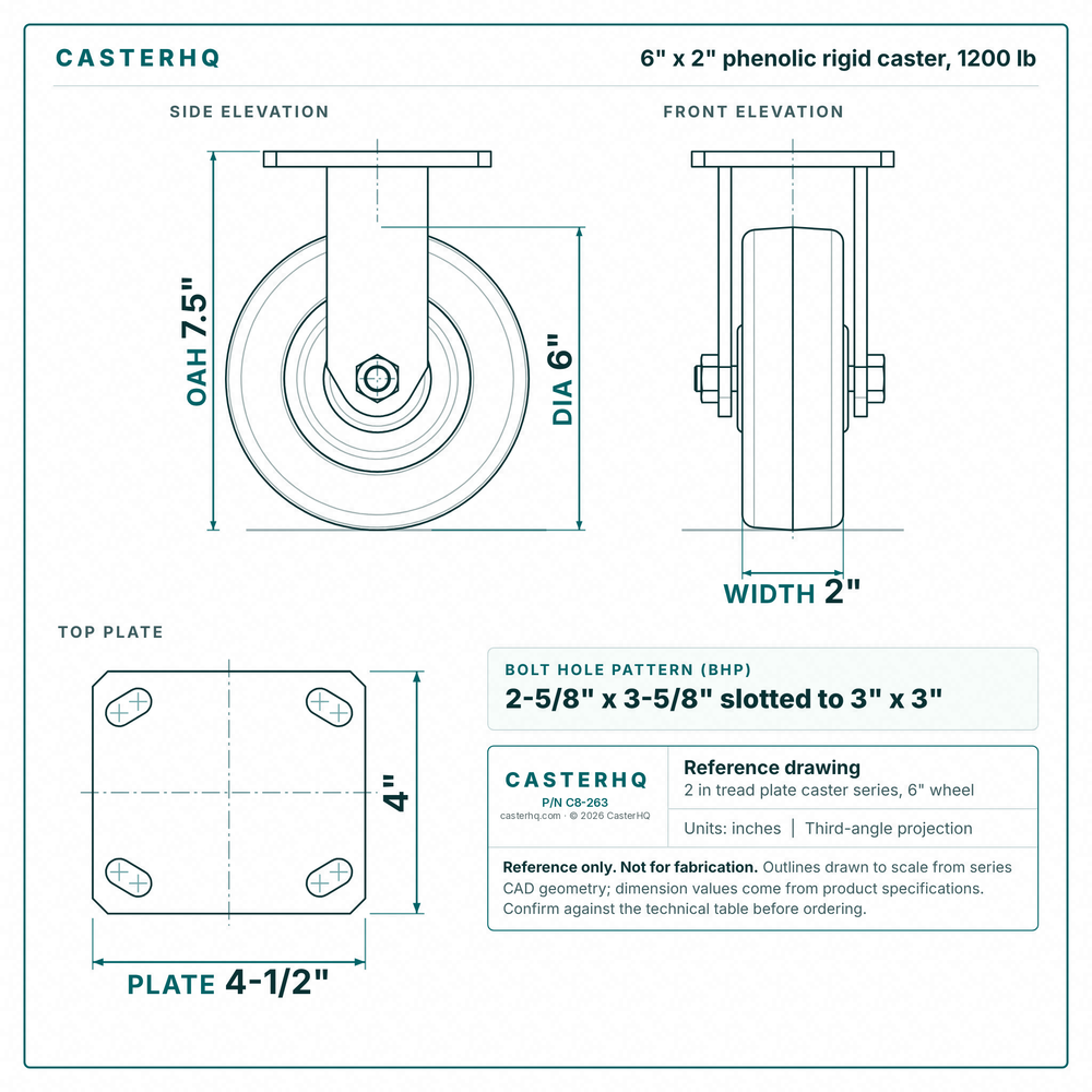 6 x 2 in phenolic rigid caster reference drawing, side, front and top plate views with dimensions