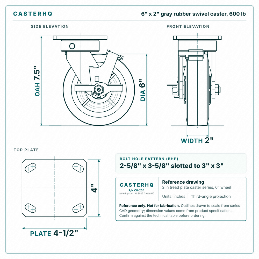 6 x 2 in gray rubber swivel caster reference drawing, side, front and top plate views with dimensions