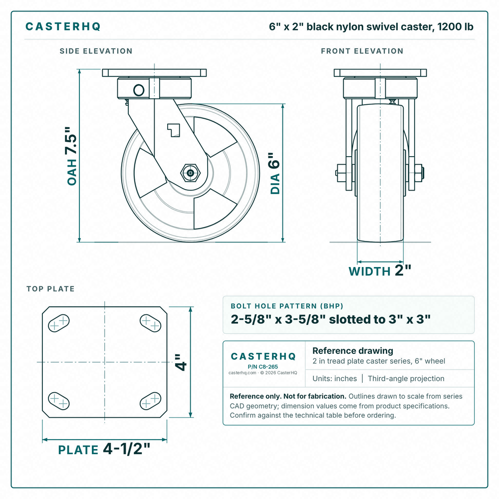6 x 2 in black nylon swivel caster reference drawing, side, front and top plate views with dimensions