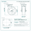 6 x 2 in black nylon swivel caster reference drawing, side, front and top plate views with dimensions