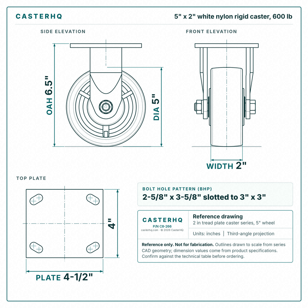 5 x 2 in white nylon rigid caster reference drawing, side, front and top plate views with dimensions