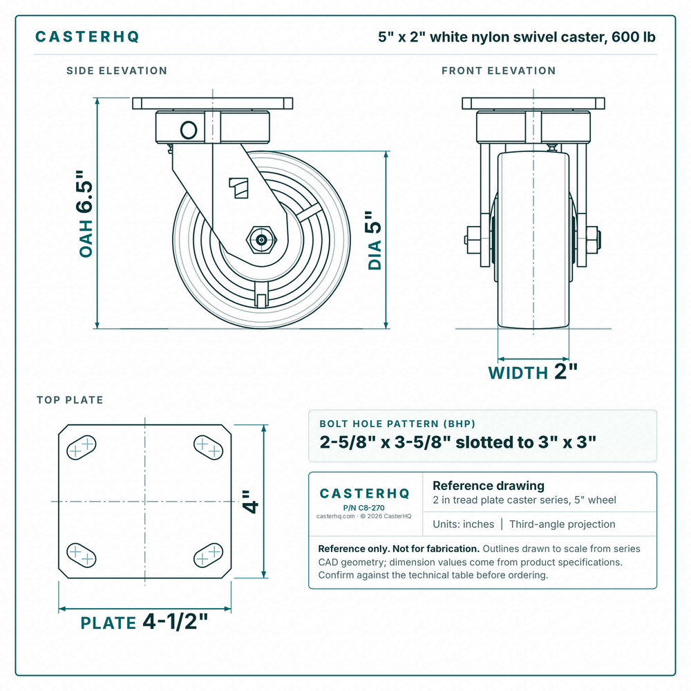 5 x 2 in white nylon swivel caster reference drawing, side, front and top plate views with dimensions