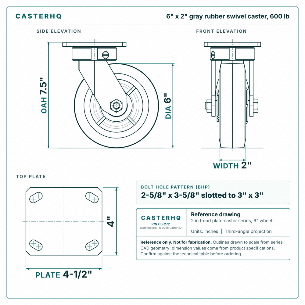 6 x 2 in gray rubber swivel caster reference drawing, side, front and top plate views with dimensions