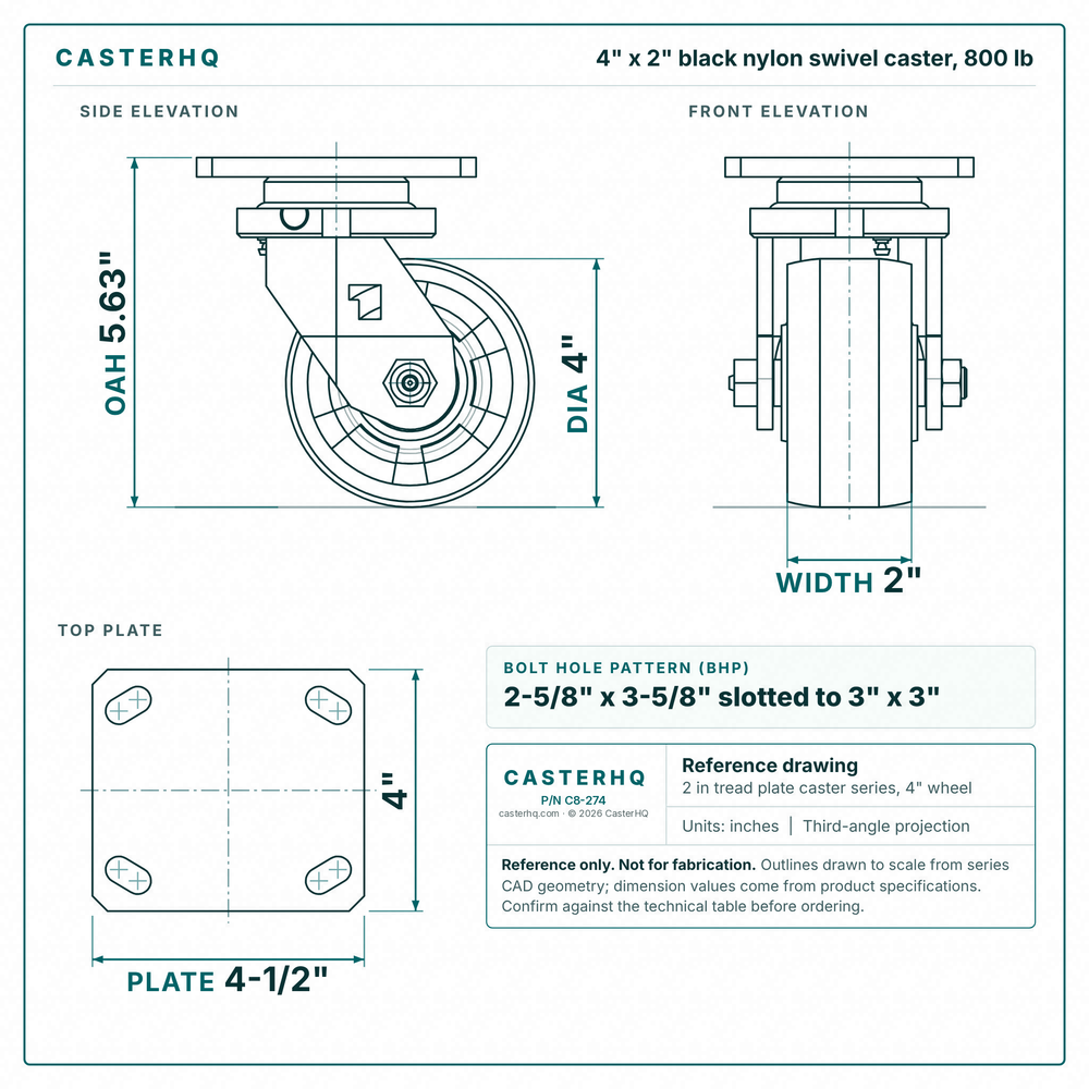4 x 2 in black nylon swivel caster reference drawing, side, front and top plate views with dimensions