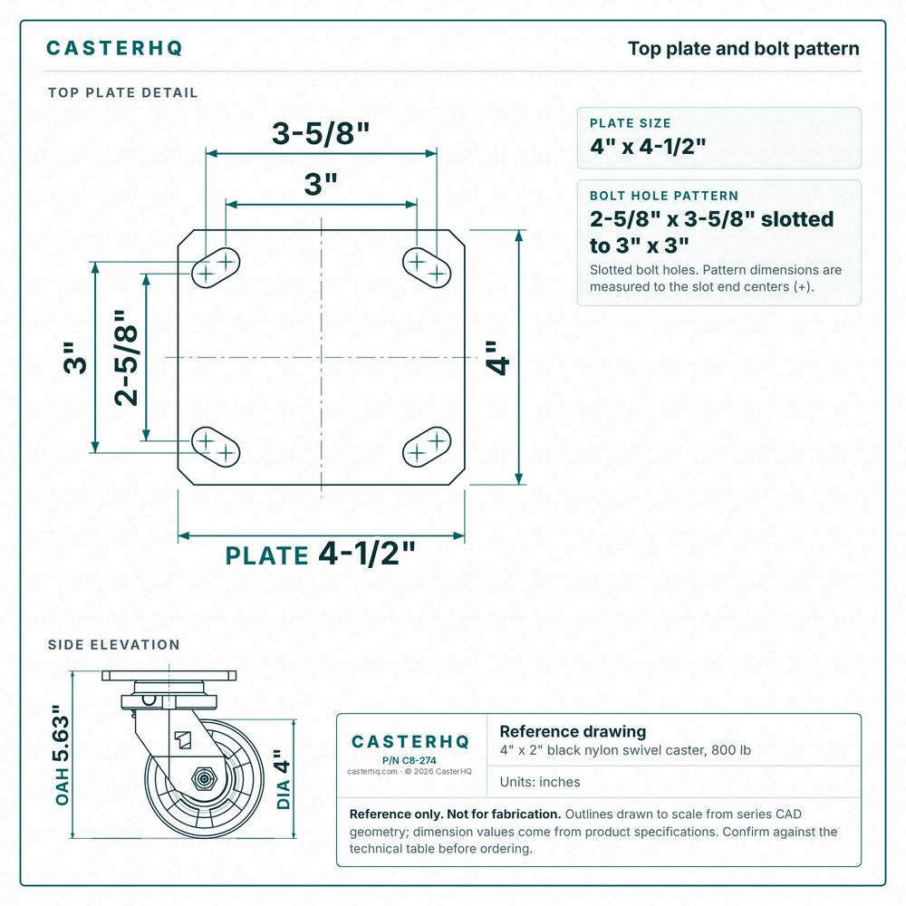 Top plate bolt pattern drawing, ["4\" x 4-1/2\""] plate, slotted bolt holes