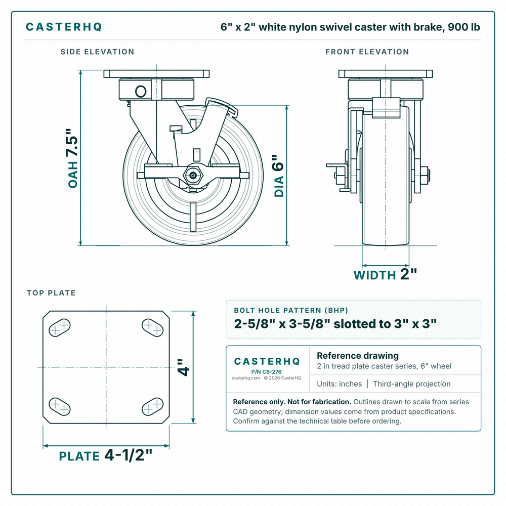 6 x 2 in white nylon swivel caster with brake reference drawing, side, front and top plate views with dimensions