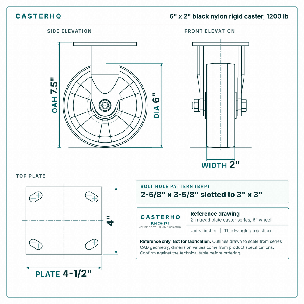 6 x 2 in black nylon rigid caster reference drawing, side, front and top plate views with dimensions