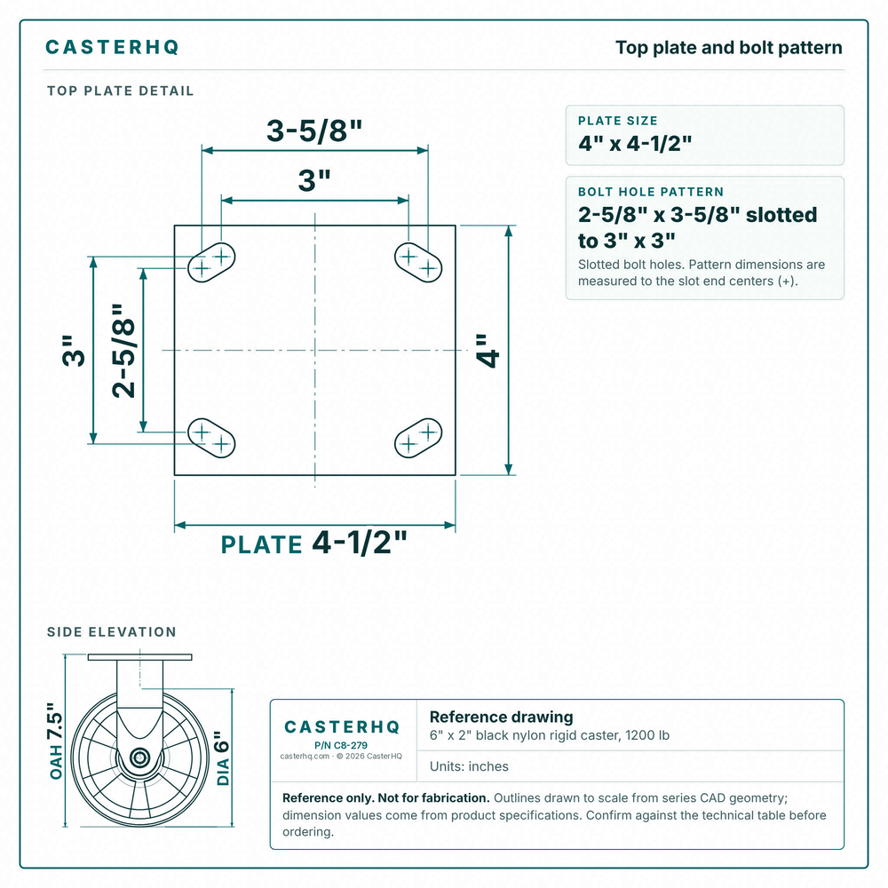 Top plate bolt pattern drawing, ["4\" x 4-1/2\""] plate, slotted bolt holes