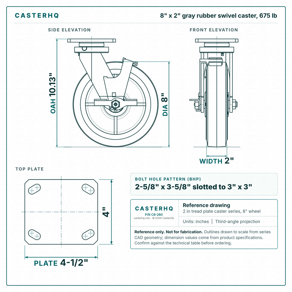 8 x 2 in gray rubber swivel caster reference drawing, side, front and top plate views with dimensions