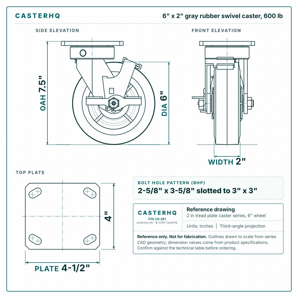 6 x 2 in gray rubber swivel caster reference drawing, side, front and top plate views with dimensions