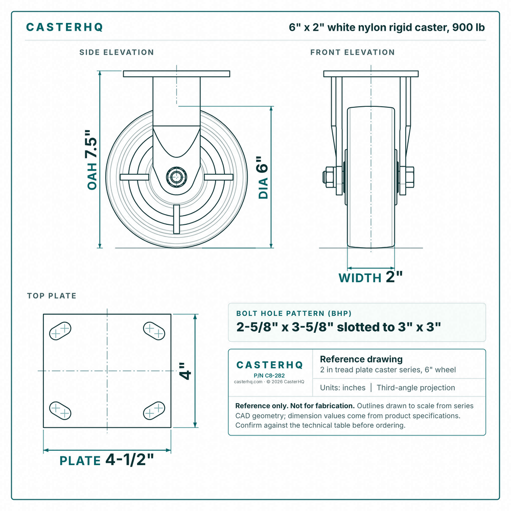 6 x 2 in white nylon rigid caster reference drawing, side, front and top plate views with dimensions