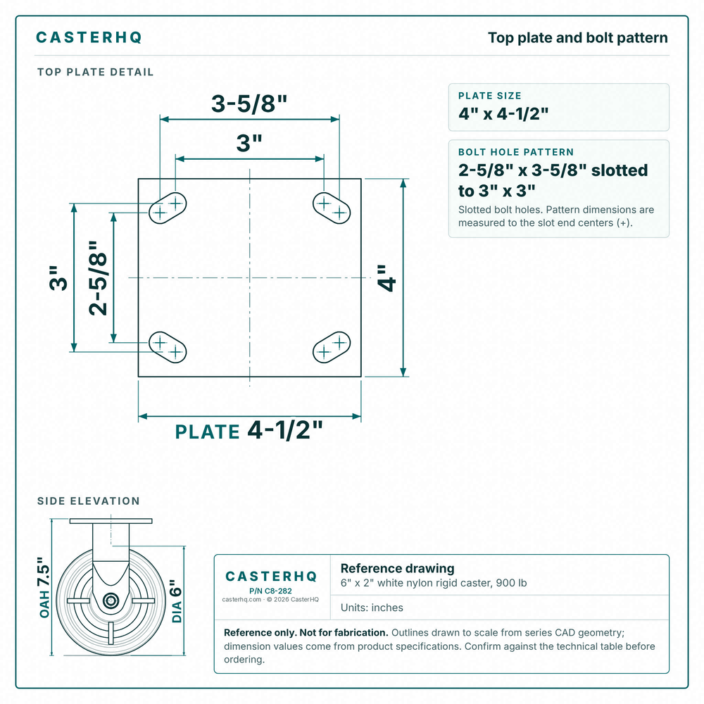 Top plate bolt pattern drawing, ["4\" x 4-1/2\""] plate, slotted bolt holes