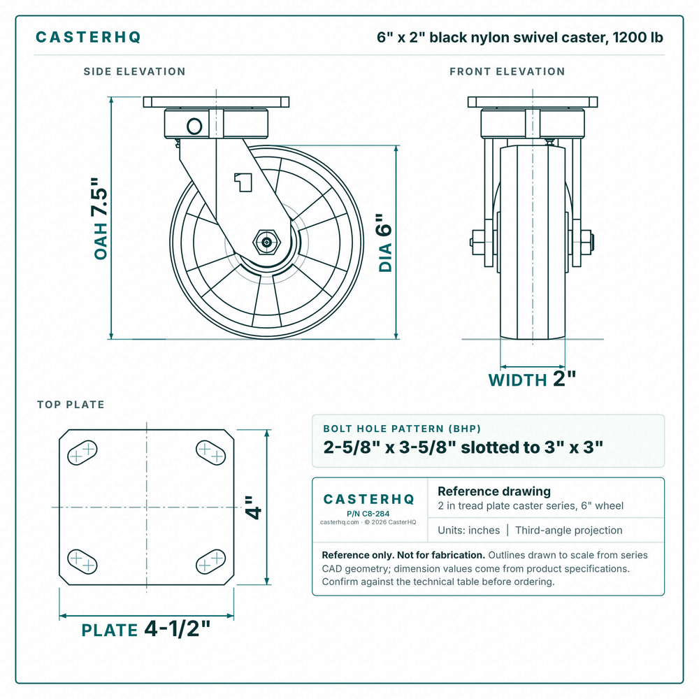 6 x 2 in black nylon swivel caster reference drawing, side, front and top plate views with dimensions