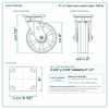 6 x 2 in black nylon swivel caster reference drawing, side, front and top plate views with dimensions