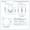 5 x 2 in maroon polyurethane rigid caster reference drawing, side, front and top plate views with dimensions