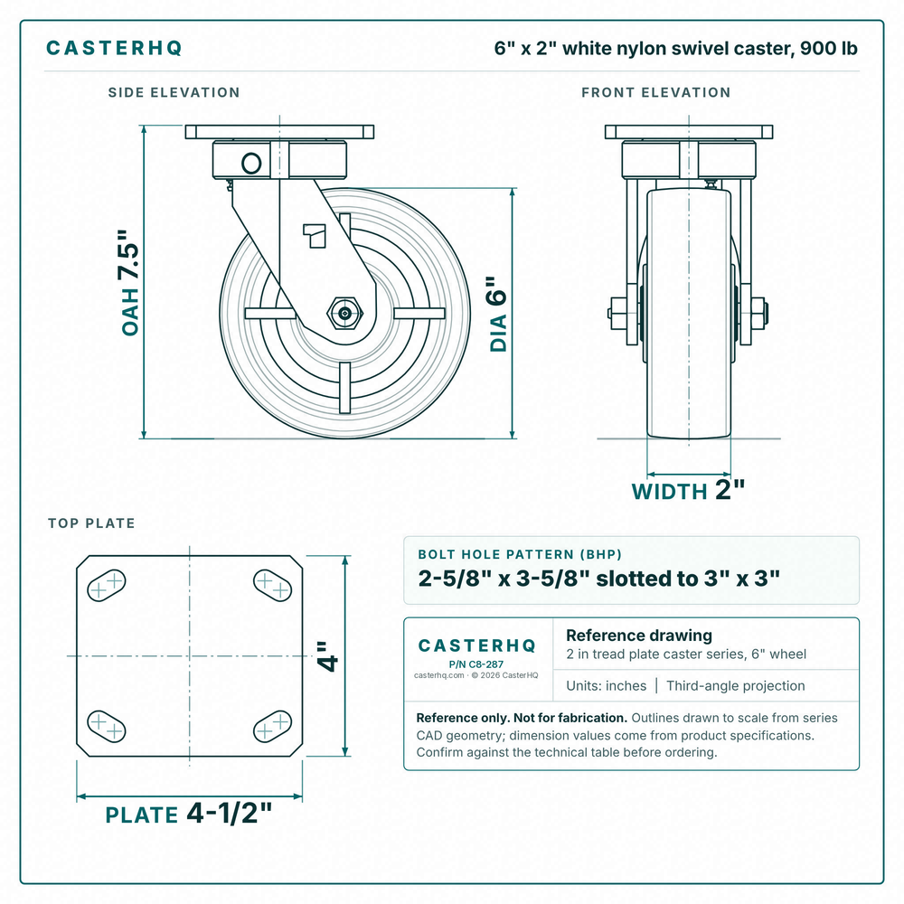 6 x 2 in white nylon swivel caster reference drawing, side, front and top plate views with dimensions