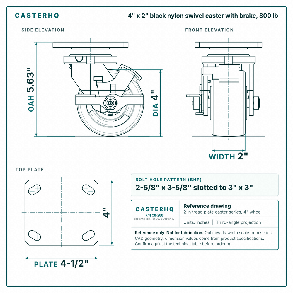 4 x 2 in black nylon swivel caster with brake reference drawing, side, front and top plate views with dimensions