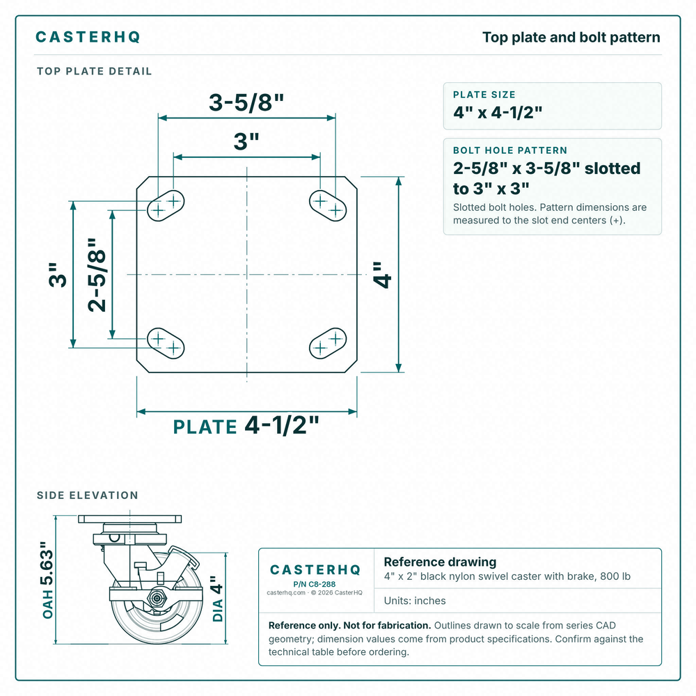Top plate bolt pattern drawing, ["4\" x 4-1/2\""] plate, slotted bolt holes