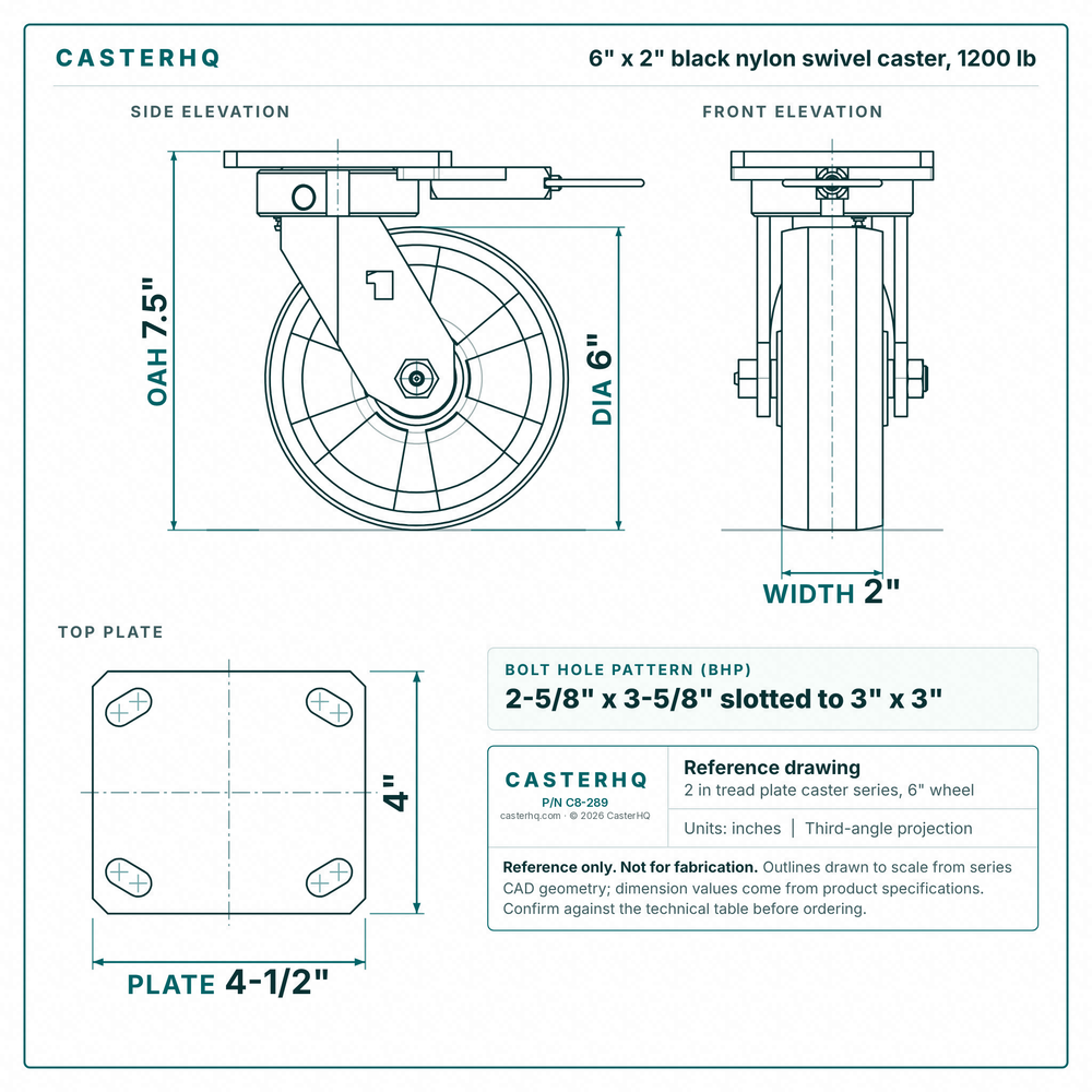 6 x 2 in black nylon swivel caster reference drawing, side, front and top plate views with dimensions