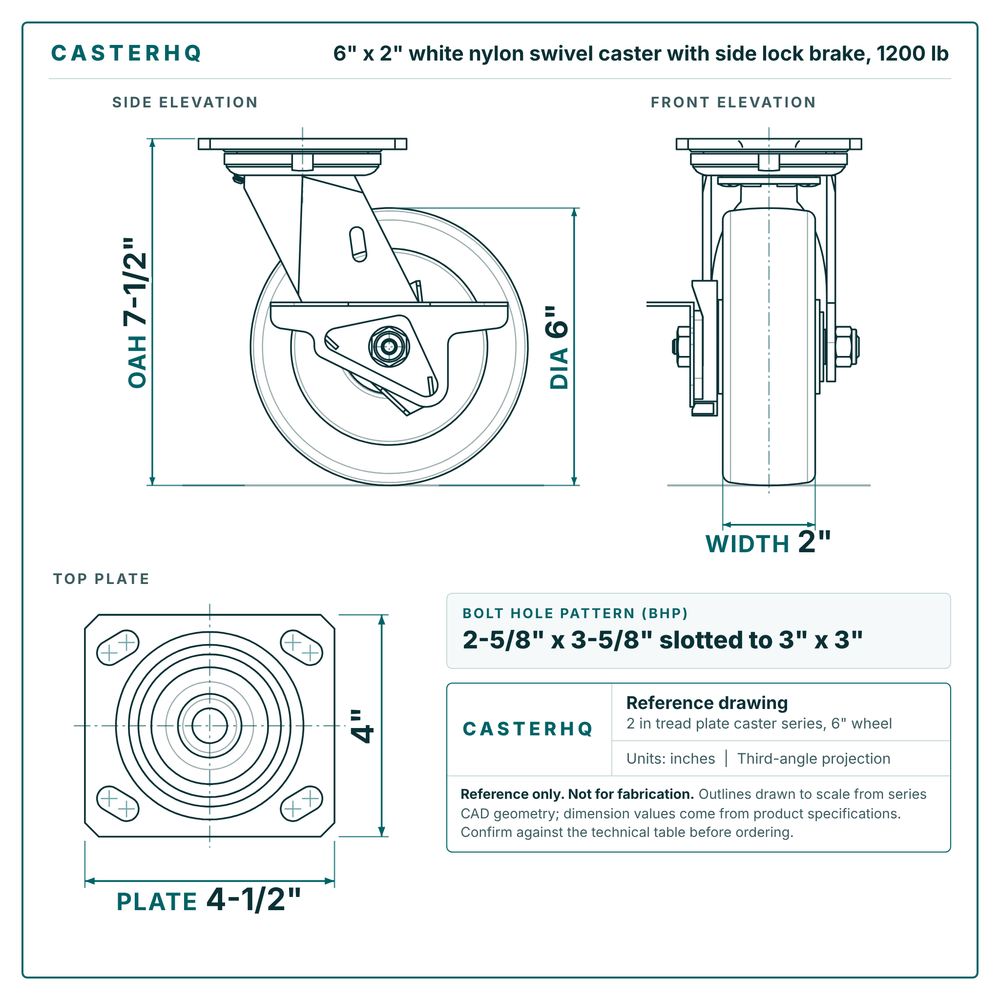 6 x 2 in white nylon swivel caster with side lock brake reference drawing, side, front and top plate views with dimensions