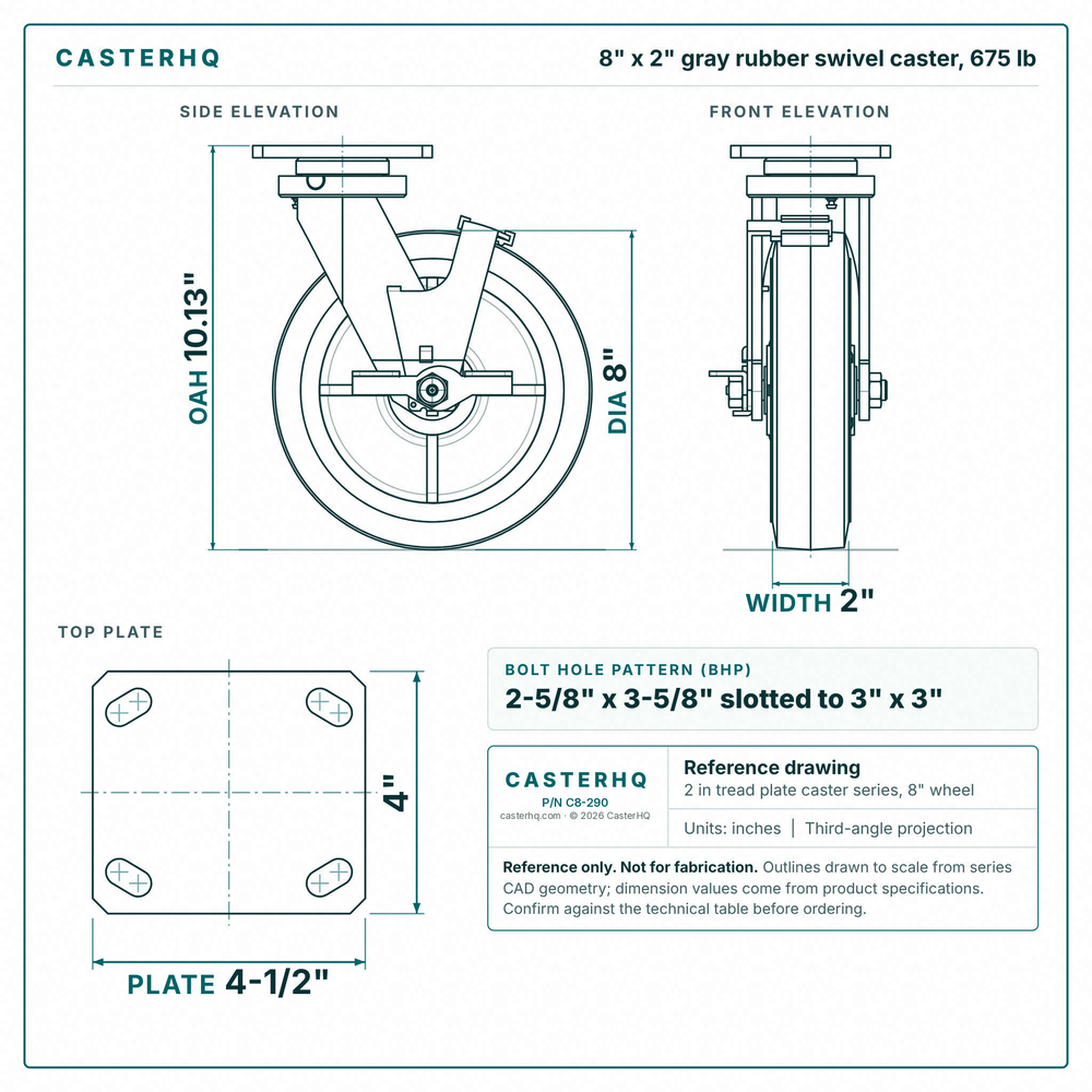 8 x 2 in gray rubber swivel caster reference drawing, side, front and top plate views with dimensions
