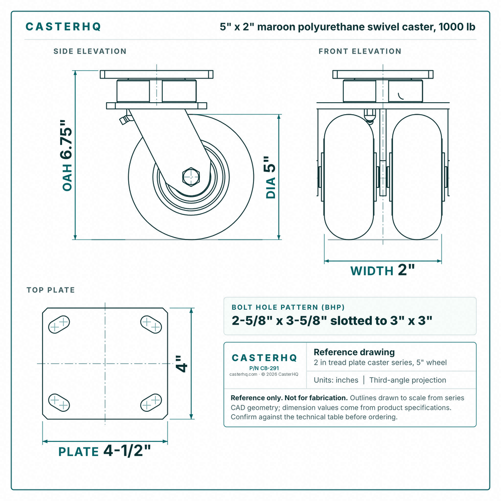 5 x 2 in maroon polyurethane swivel caster reference drawing, side, front and top plate views with dimensions