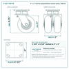 5 x 2 in maroon polyurethane swivel caster reference drawing, side, front and top plate views with dimensions