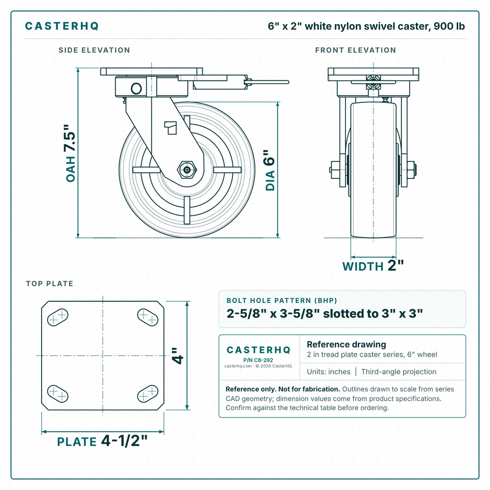 6 x 2 in white nylon swivel caster reference drawing, side, front and top plate views with dimensions