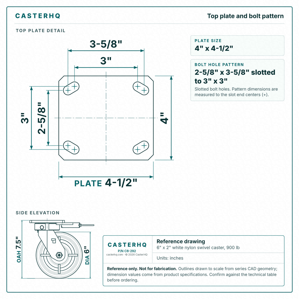 Top plate bolt pattern drawing, ["4\" x 4-1/2\""] plate, slotted bolt holes