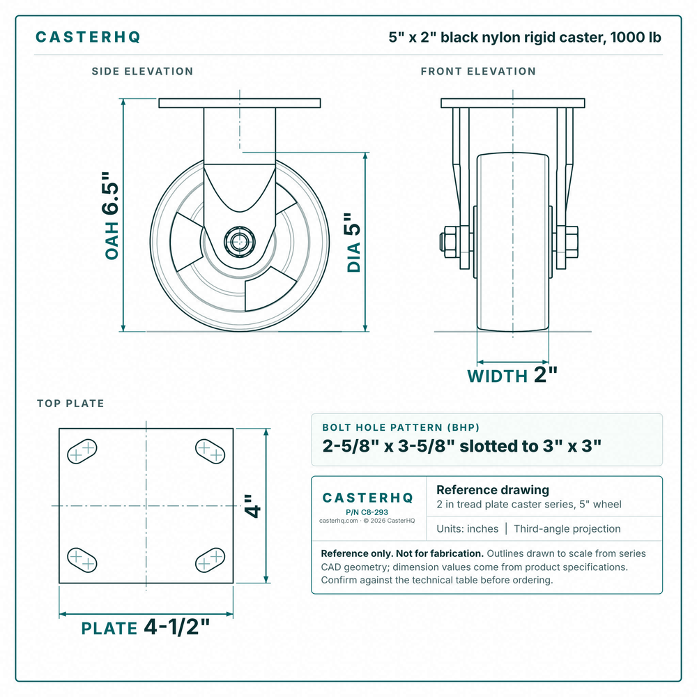 5 x 2 in black nylon rigid caster reference drawing, side, front and top plate views with dimensions