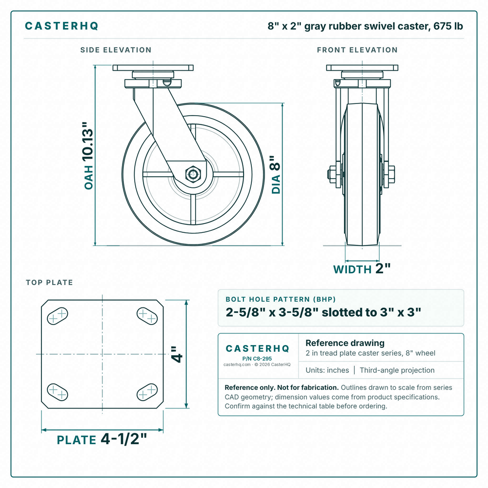 8 x 2 in gray rubber swivel caster reference drawing, side, front and top plate views with dimensions