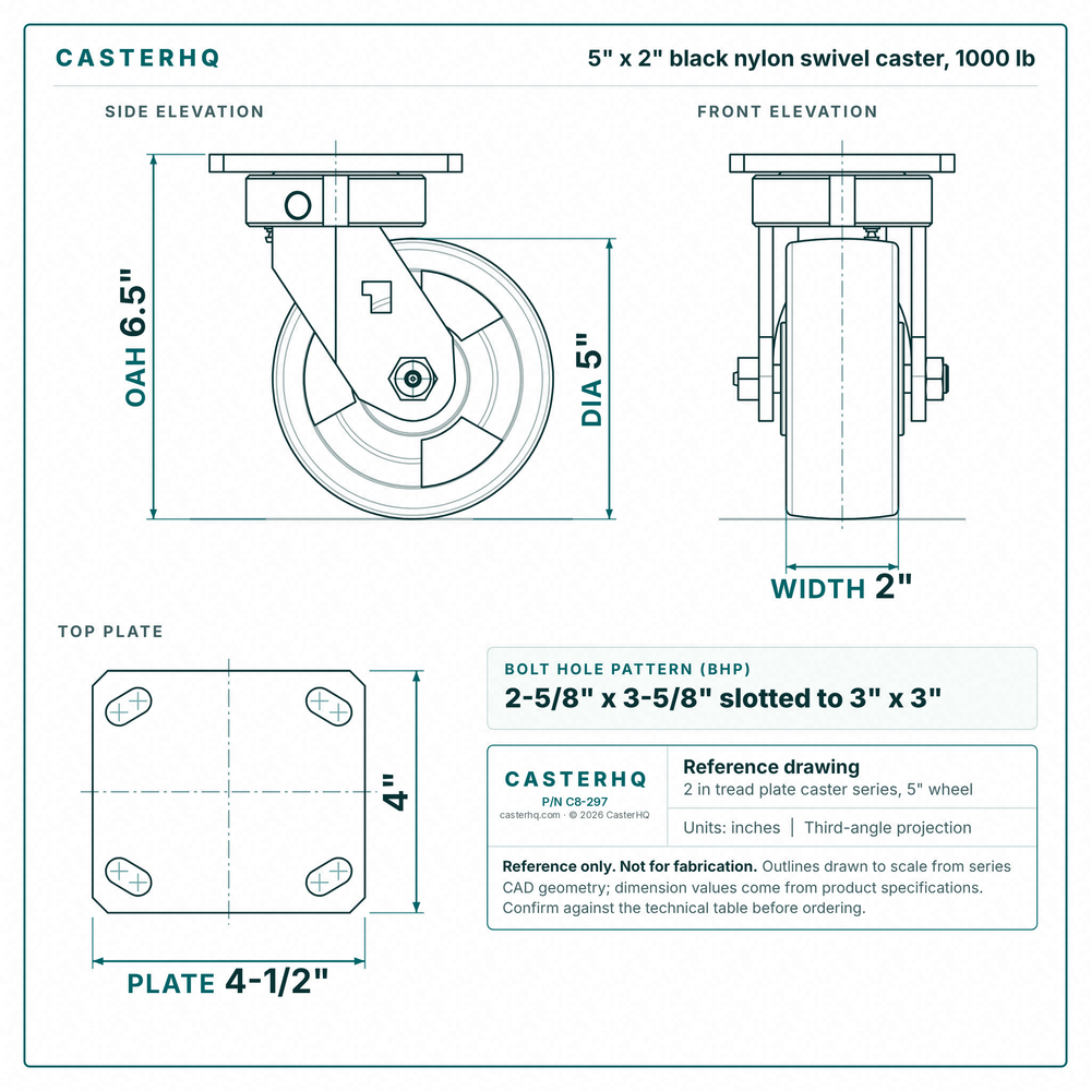 5 x 2 in black nylon swivel caster reference drawing, side, front and top plate views with dimensions