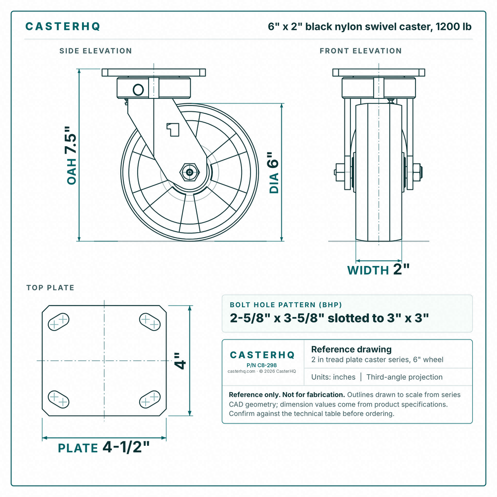 6 x 2 in black nylon swivel caster reference drawing, side, front and top plate views with dimensions