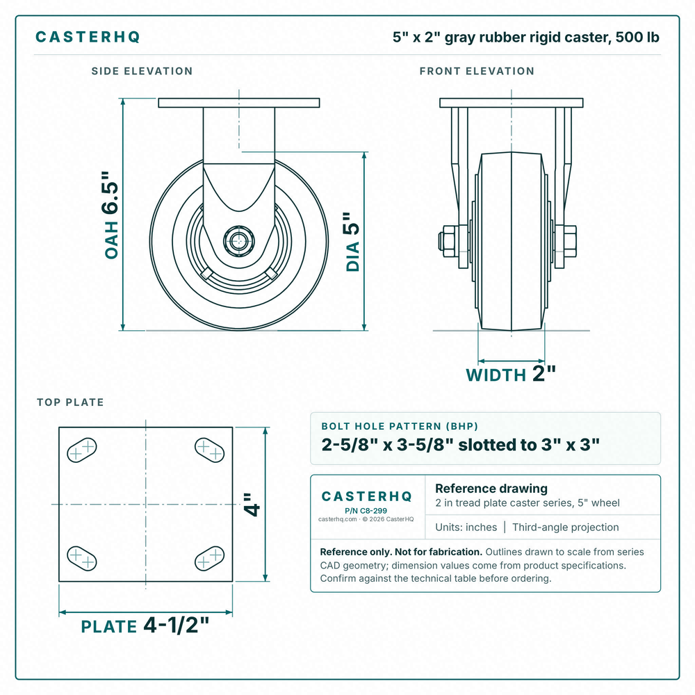 5 x 2 in gray rubber rigid caster reference drawing, side, front and top plate views with dimensions