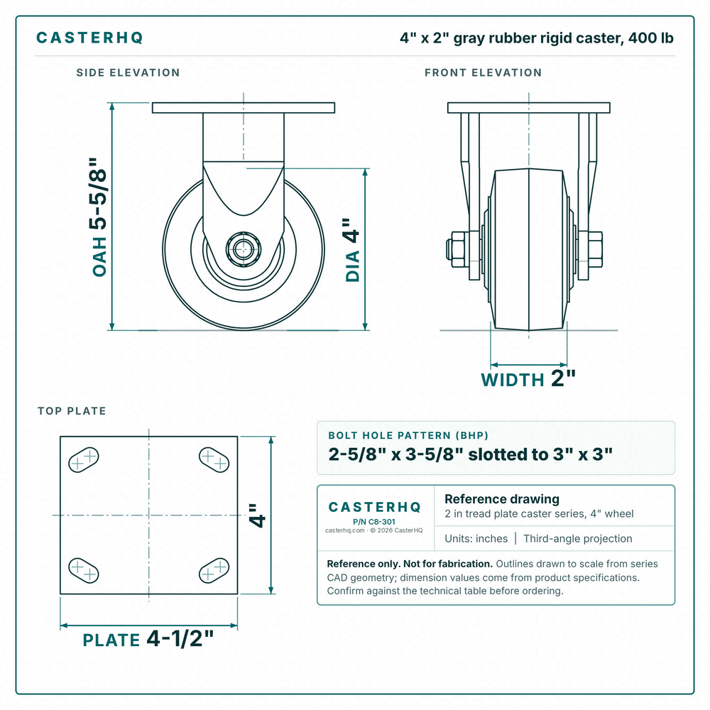 4 x 2 in gray rubber rigid caster reference drawing, side, front and top plate views with dimensions