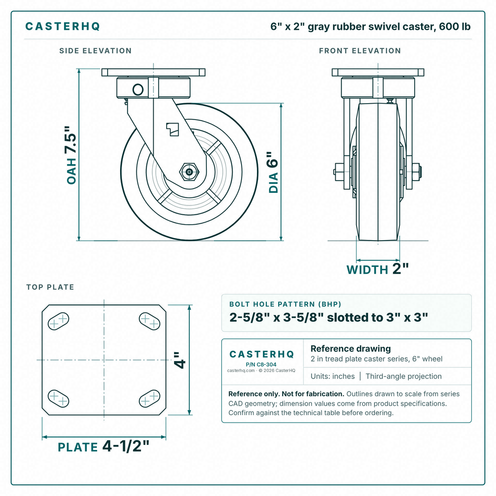 6 x 2 in gray rubber swivel caster reference drawing, side, front and top plate views with dimensions