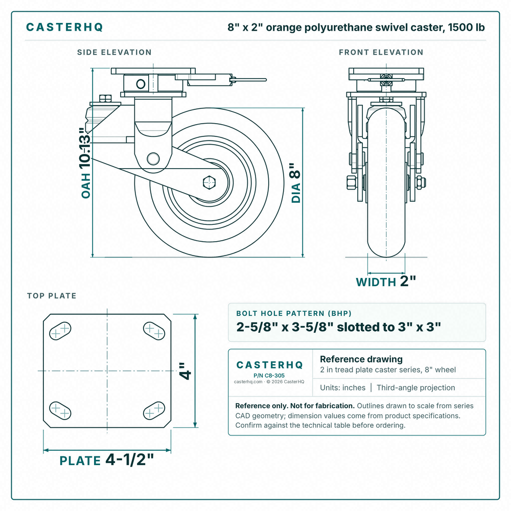 8 x 2 in orange polyurethane swivel caster reference drawing, side, front and top plate views with dimensions