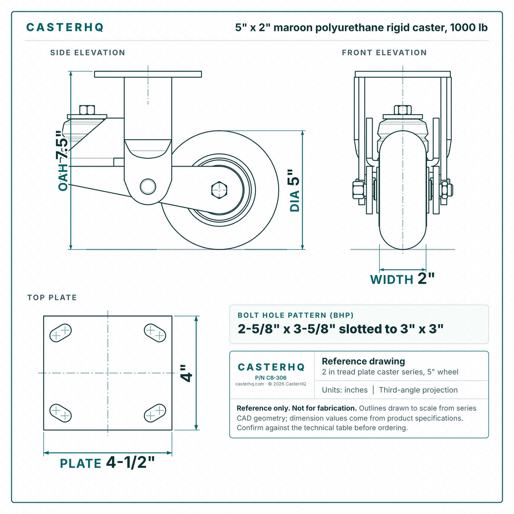 5 x 2 in maroon polyurethane rigid caster reference drawing, side, front and top plate views with dimensions