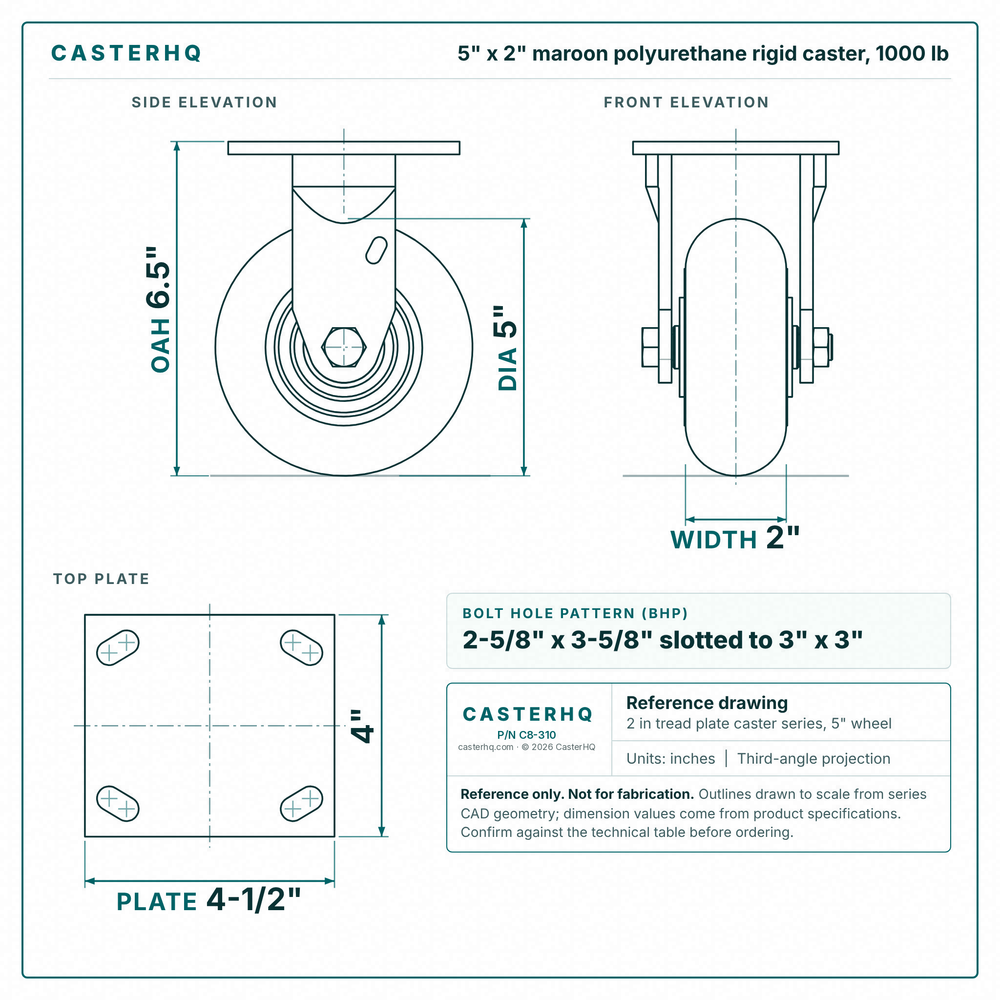 5 x 2 in maroon polyurethane rigid caster reference drawing, side, front and top plate views with dimensions