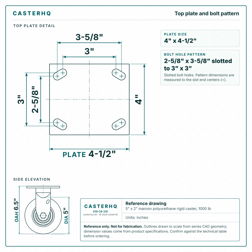 Top plate bolt pattern drawing, ["4\" x 4-1/2\""] plate, slotted bolt holes
