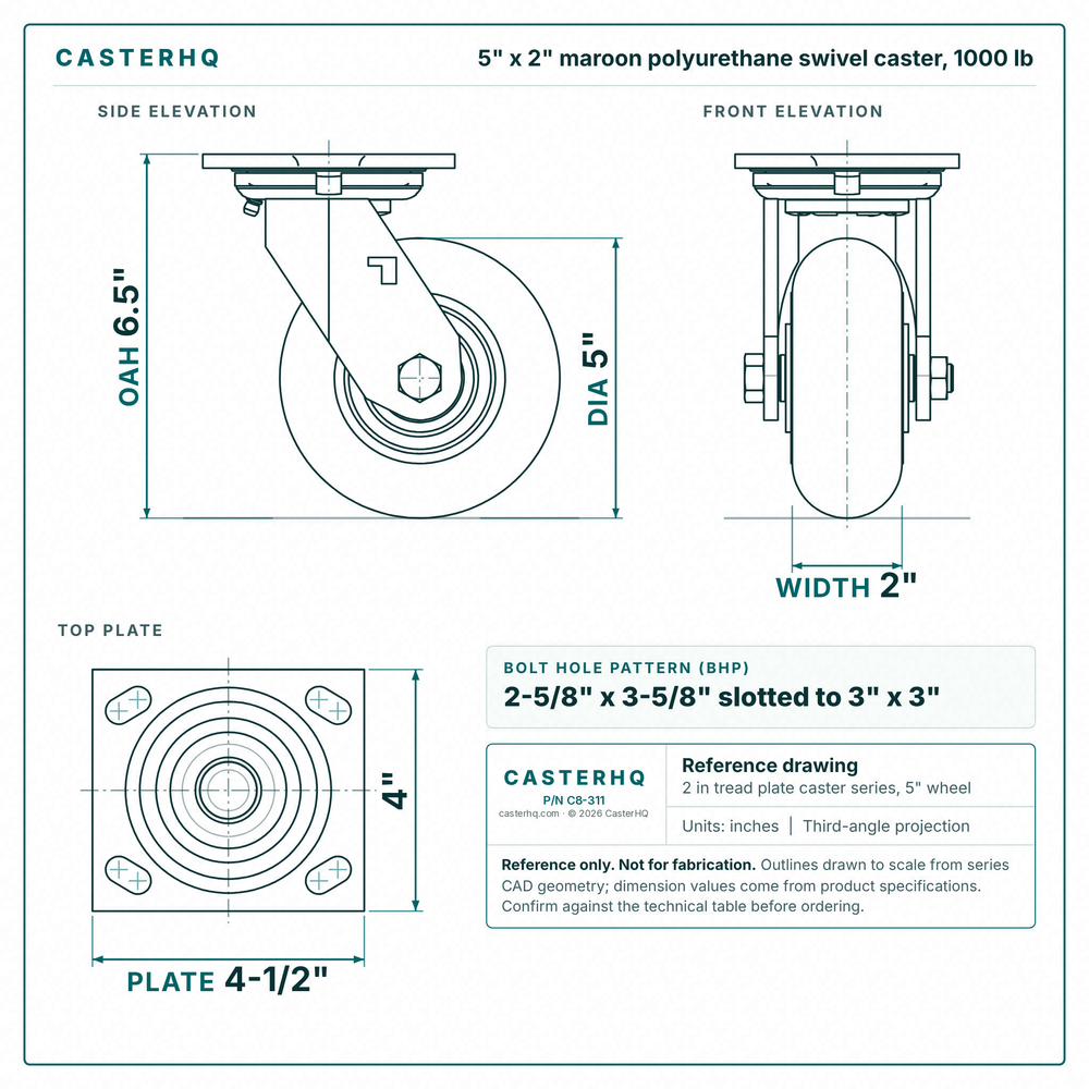 5 x 2 in maroon polyurethane swivel caster reference drawing, side, front and top plate views with dimensions