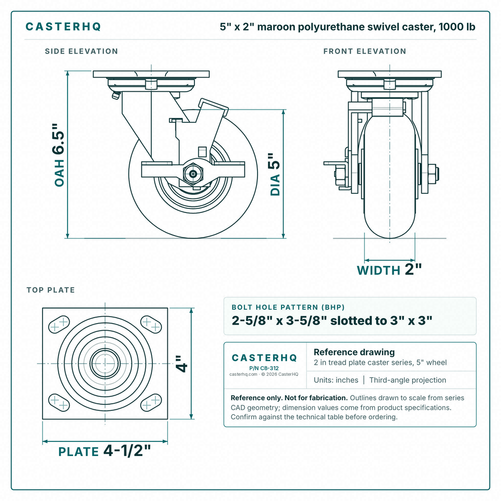 5 x 2 in maroon polyurethane swivel caster reference drawing, side, front and top plate views with dimensions