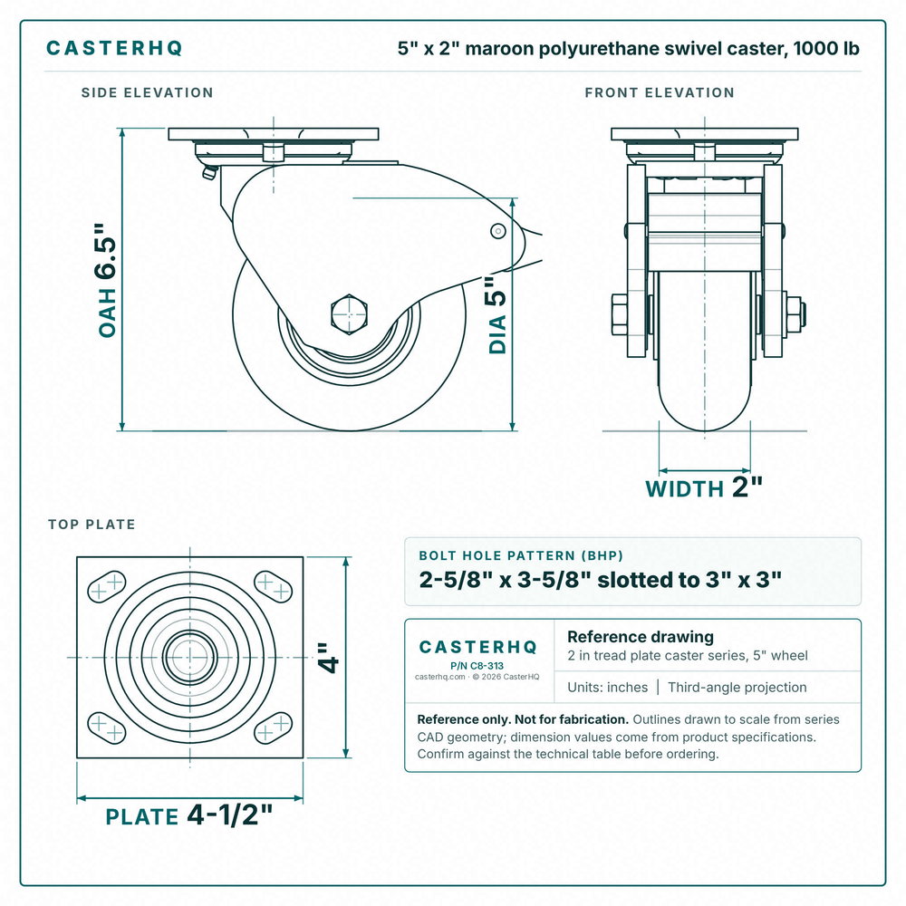 5 x 2 in maroon polyurethane swivel caster reference drawing, side, front and top plate views with dimensions