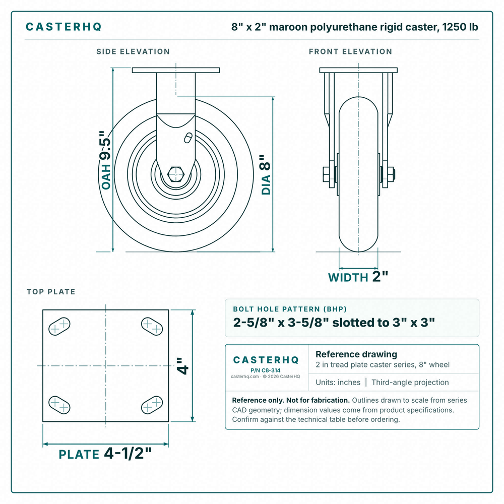 8 x 2 in maroon polyurethane rigid caster reference drawing, side, front and top plate views with dimensions